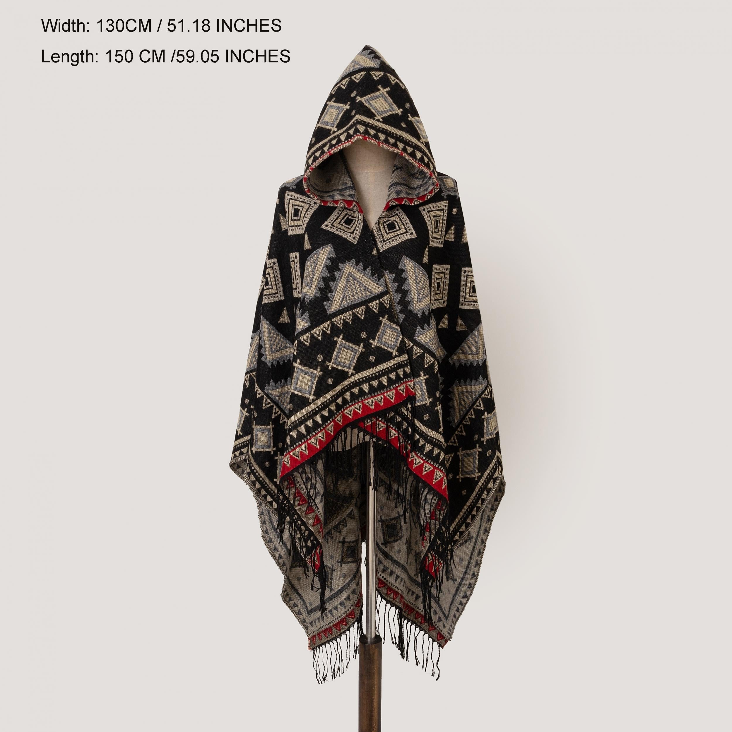 Oversized Hoodie Scarf Blanket Shawl Boho Geometric Print Tassel Warm Cape