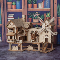 Wooden Puzzle Windmill House Model Kit DIY Puzzle Blocks Toy