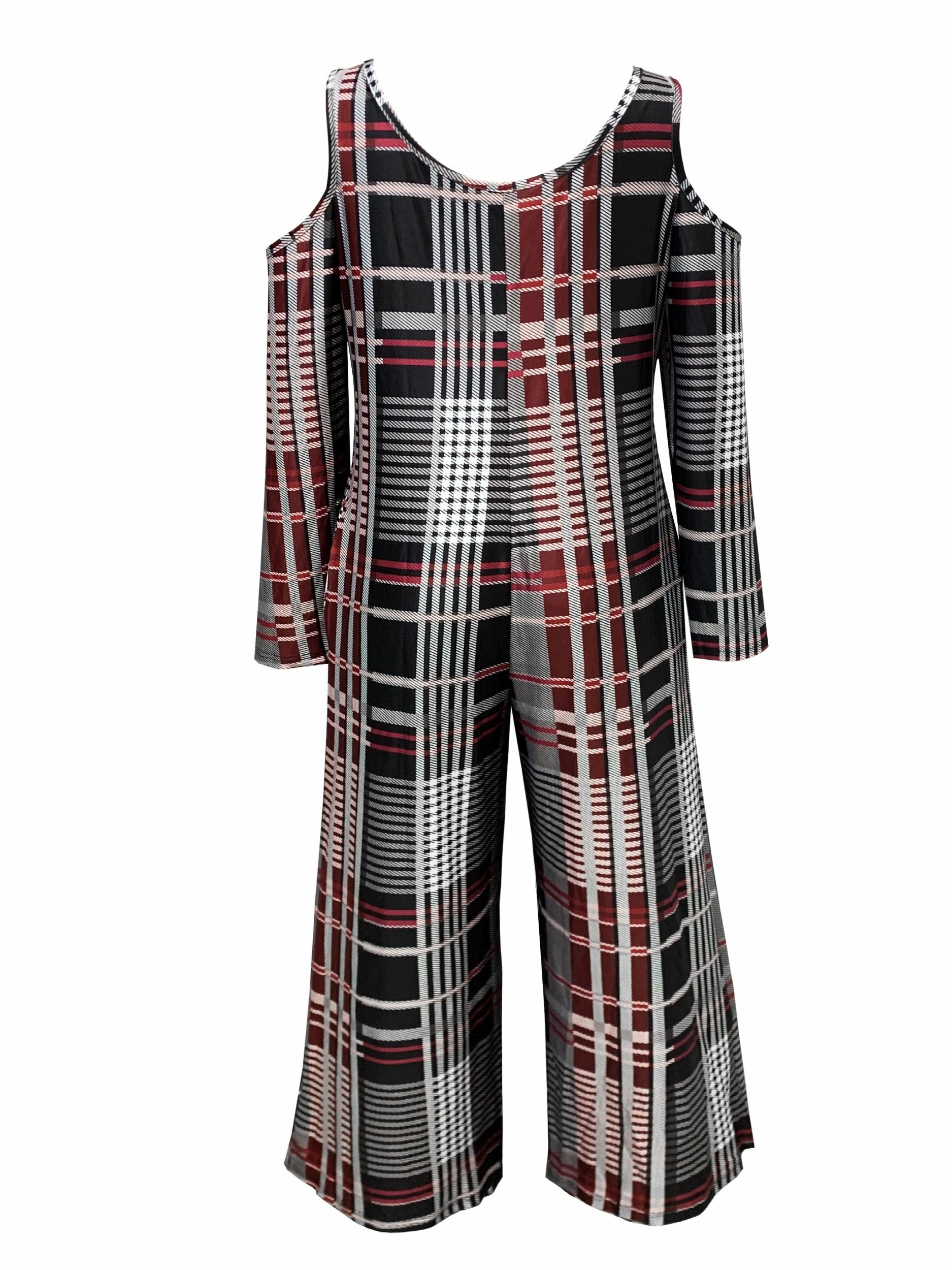 Plaid Print Cold Shoulder Jumpsuit