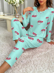 Letter Print Pajama Set Long Sleeve Top & Pants Women's Sleepwear