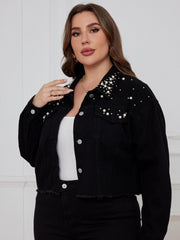 Casual Denim Top Women's Plus Solid Button Up Long Sleeve