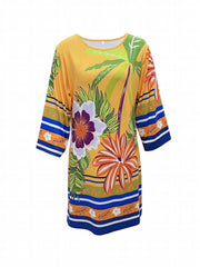 Colorblock Plant Print V Neck Dress Casual Three quarter Sleeve Dress