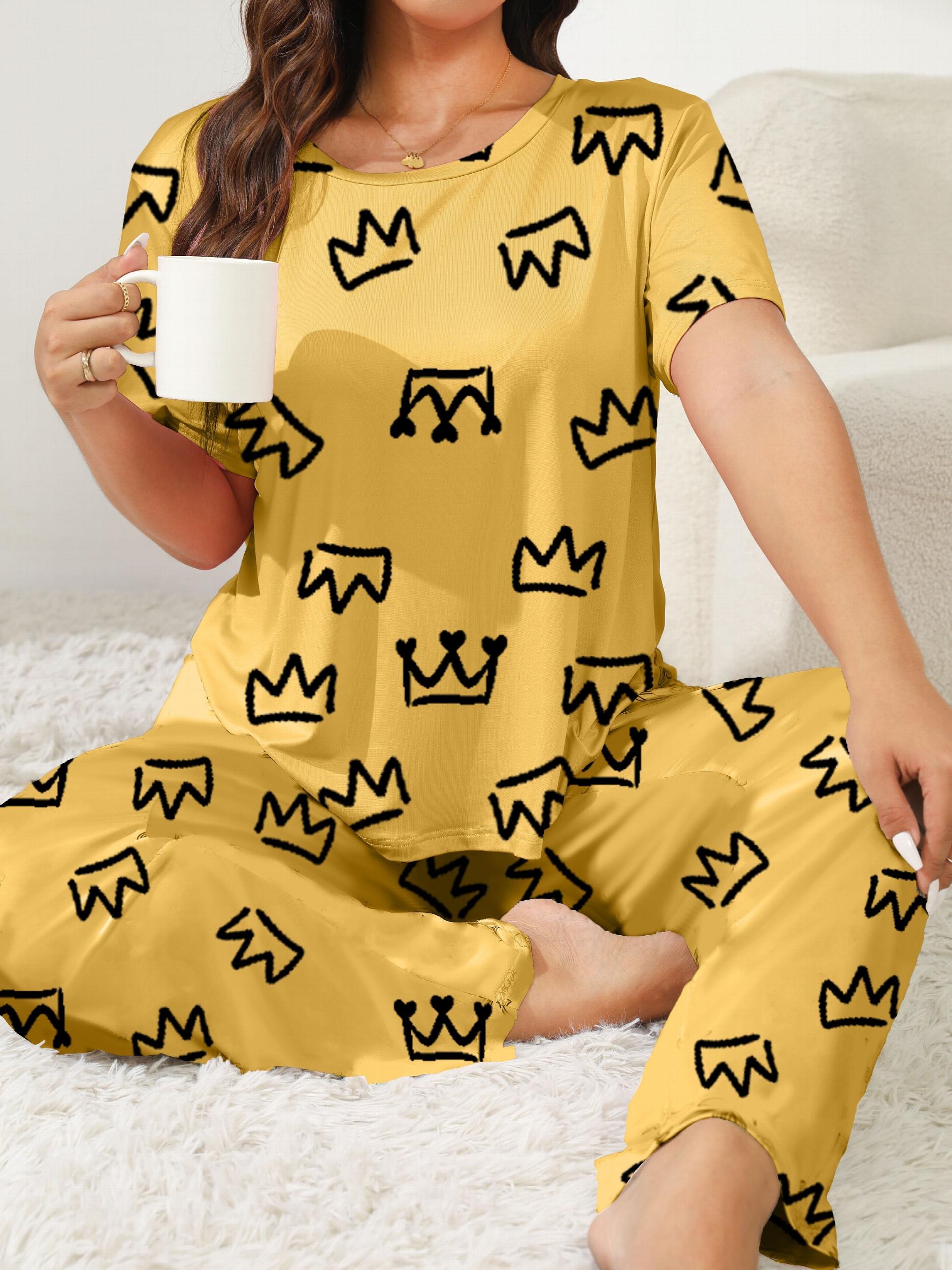 Crown Print Lounge Set Short Sleeve Tee & Pants Two Piece Set