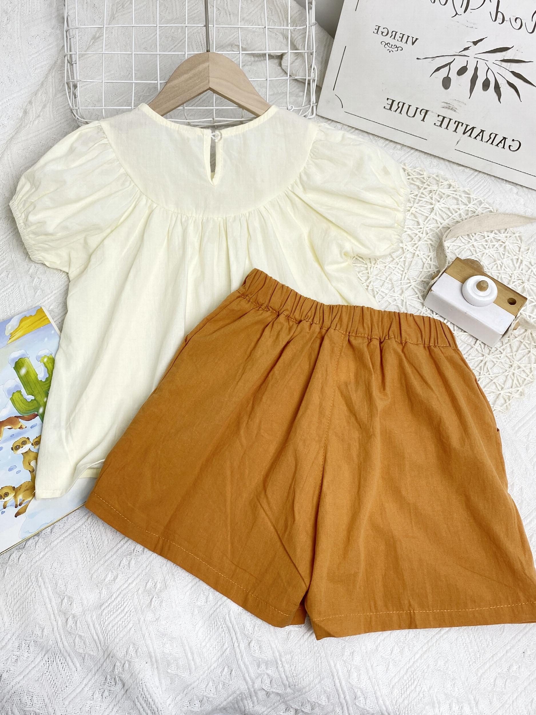 Girls Puff Sleeve Flowers Embroidery Blouse Top & Button Ruffles Shorts