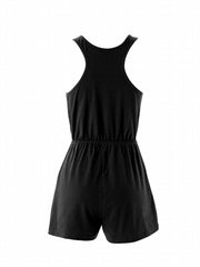 Casual Drawstring Waist Romper Jumpsuit Solid Color Sleeveless Summer Outfit
