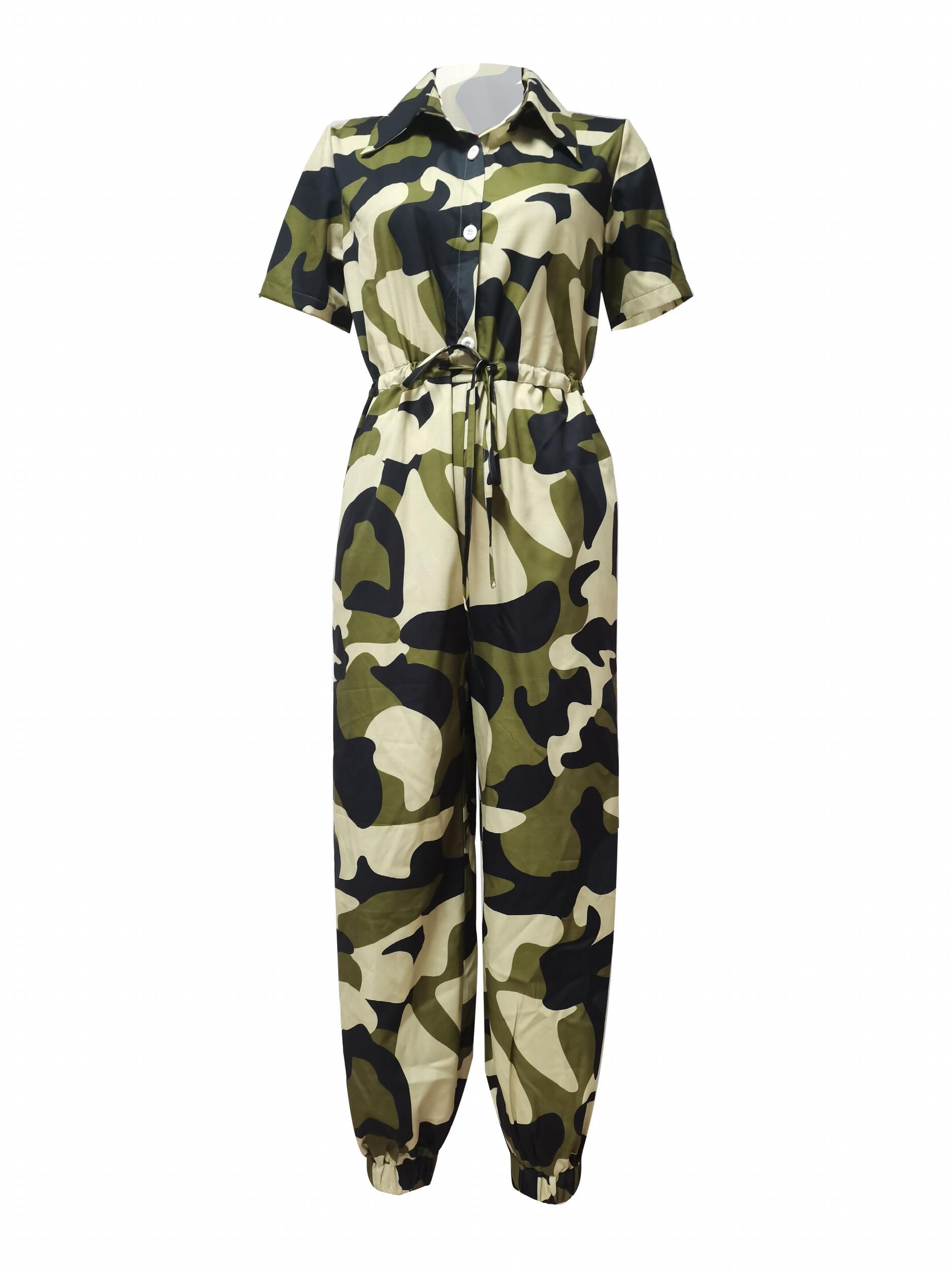 Camo Print Drawstring Waist Jumpsuit Short Sleeve Button Jumpsuit