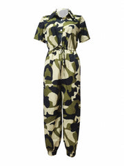 Camo Print Drawstring Waist Jumpsuit Short Sleeve Button Jumpsuit