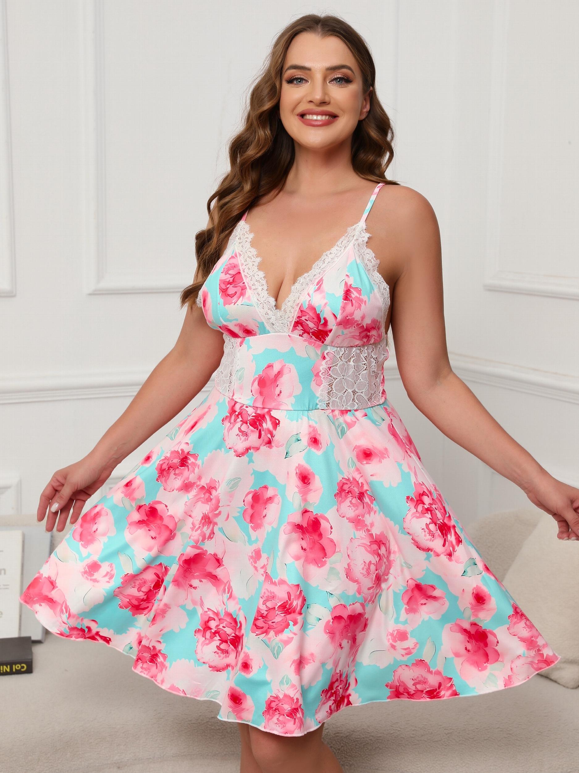 Floral Print Lace V Neck Cami Sleep Dress