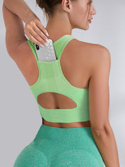 Women's Hollow Out Back Sport Bra With Pocket High Impact Running Yoga Tank Top
