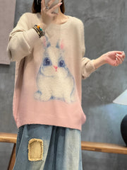 Rabbit Print Long Sleeve Round Neck Jumper