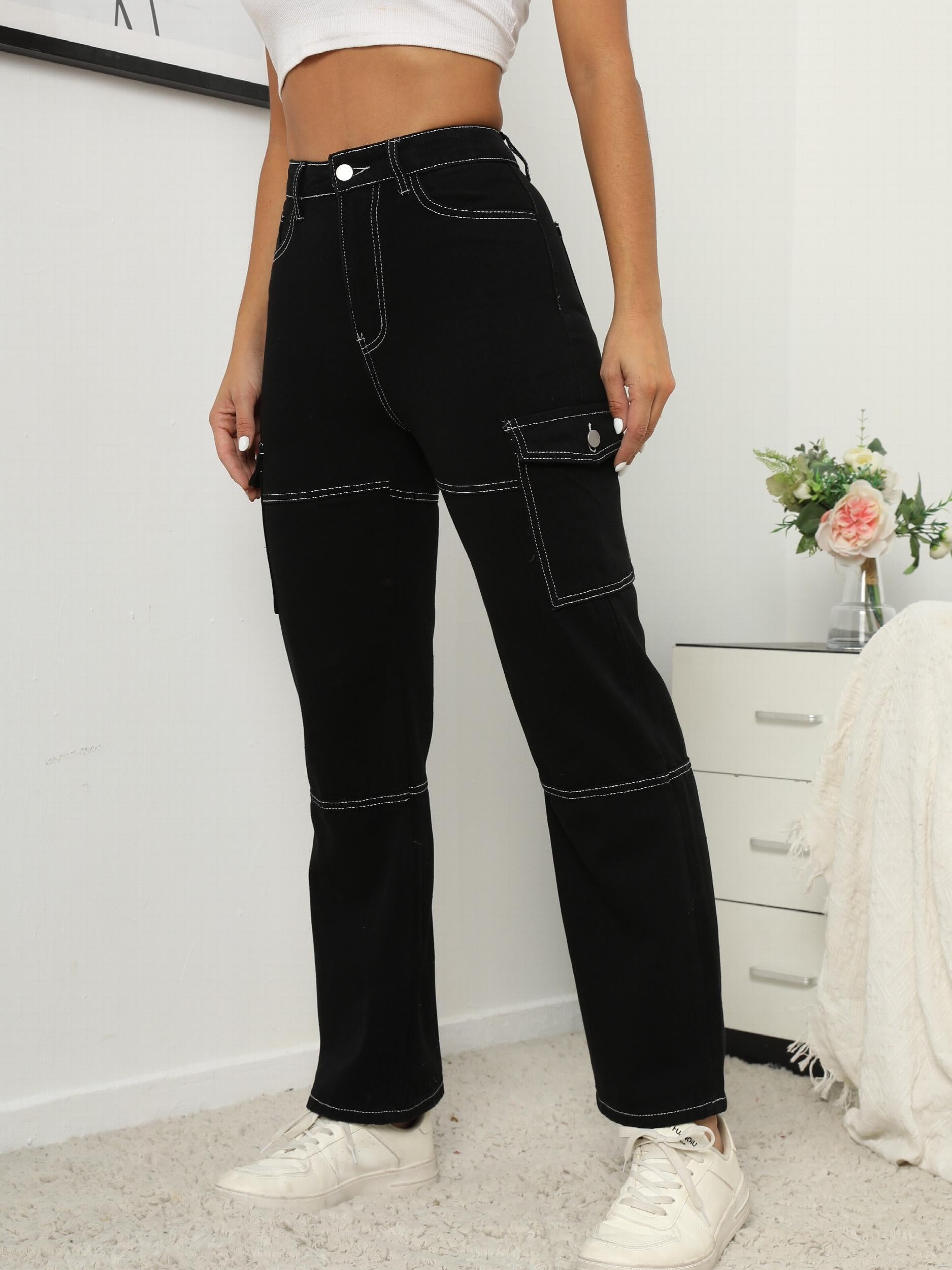 High Waist Straight Jeans Flap & Slash Pockets Wide Leg Loose Fit High Rise
