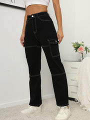 High Waist Straight Jeans Flap & Slash Pockets Wide Leg Loose Fit High Rise