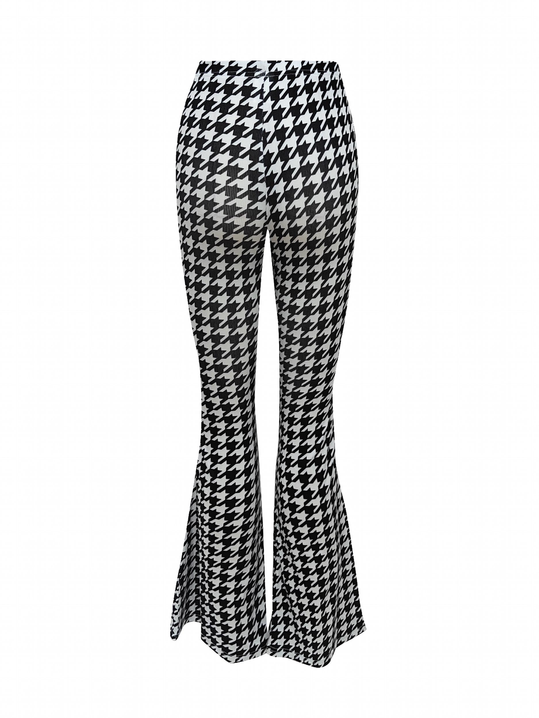 Houndstooth Print Flare Pants High Stretch Bell Bottom Sports Pants