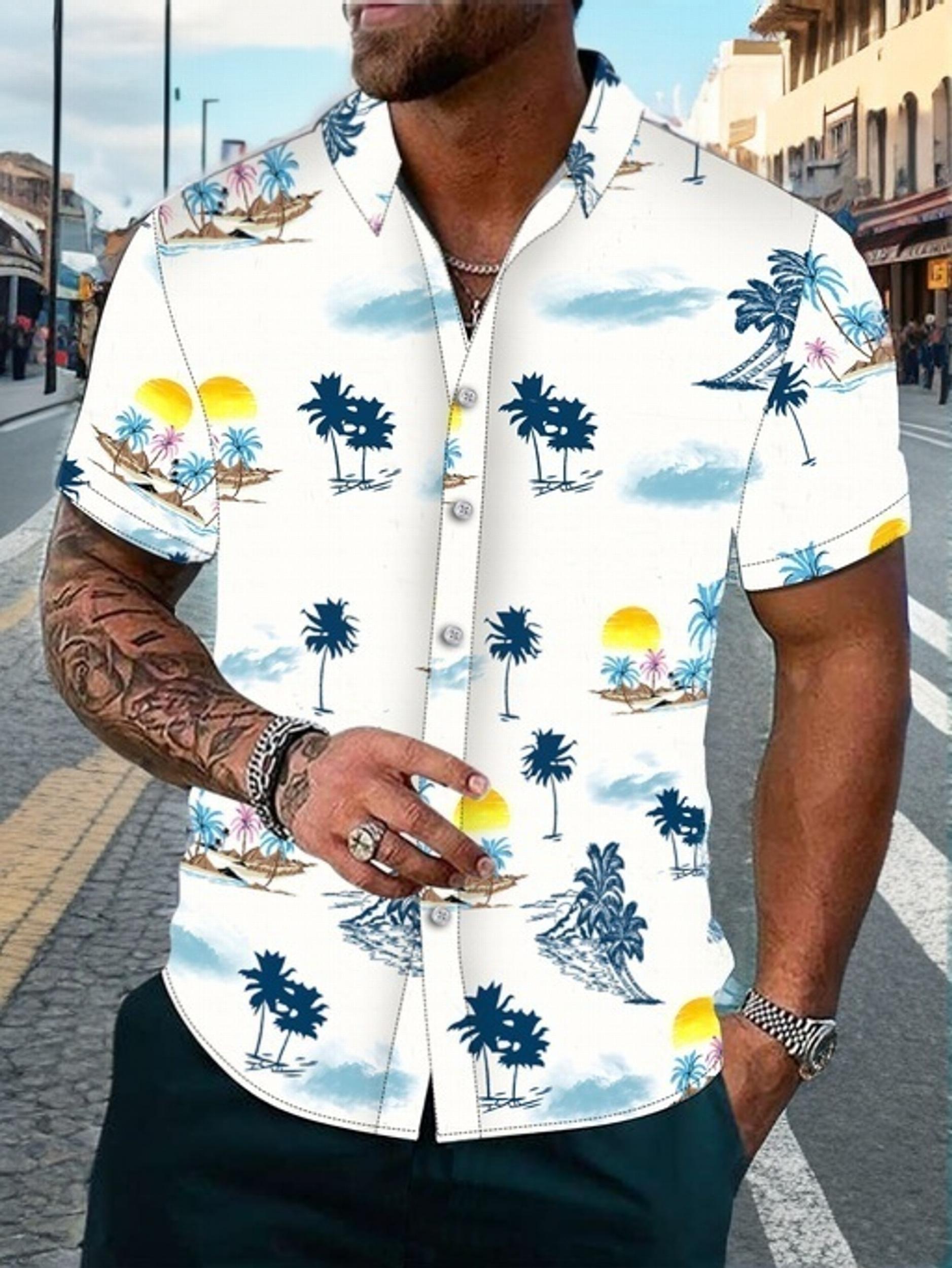 Men's Palm Trees Beach Print Short Sleeve Button Up Shirt