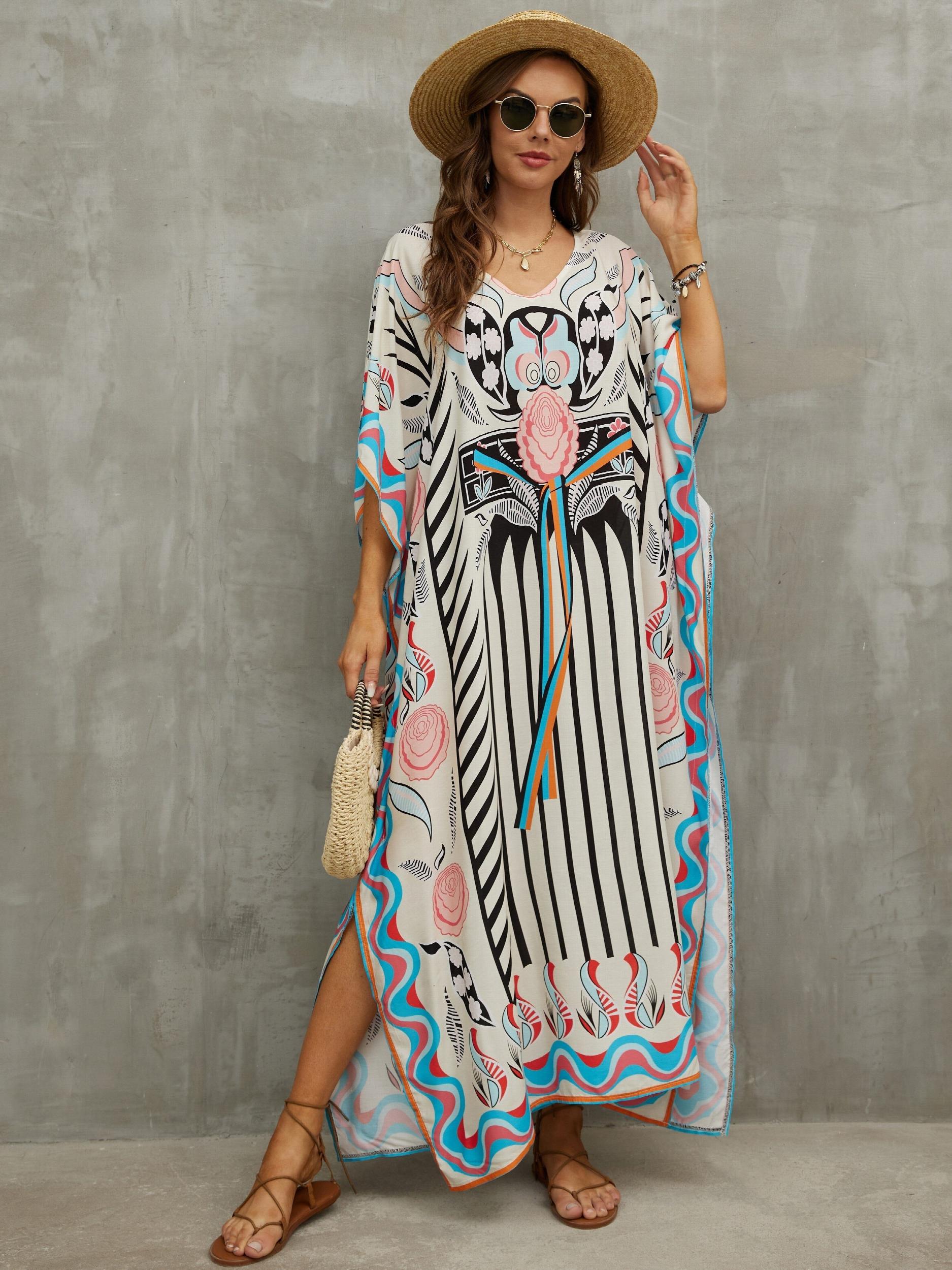 Boho Cover Up Dress Women's Plus Floral Print Bat Sleeve V Neck