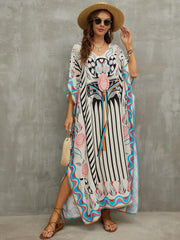 Boho Cover Up Dress Women's Plus Floral Print Bat Sleeve V Neck