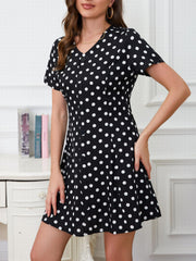 Polka Dot Button Front Dress V Neck Short Sleeve Casual Dress