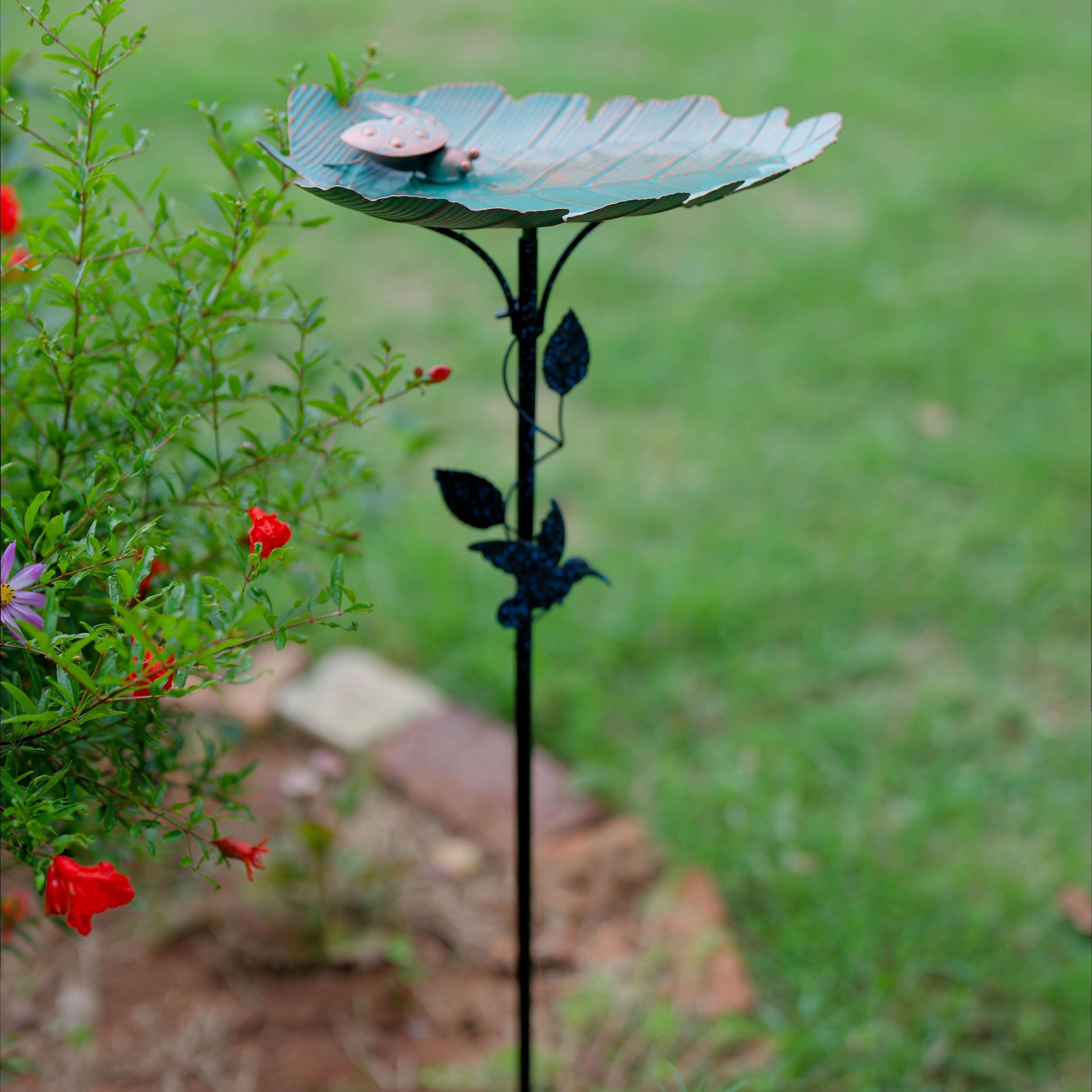 Leaf Shaped Metal Bird Bathtub with Ladybug Carving & Stake