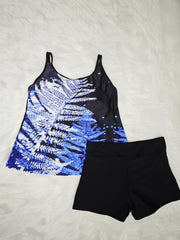 Leaf Print Tankini Set High Stretch Cami Top & Shorts Swimsuit