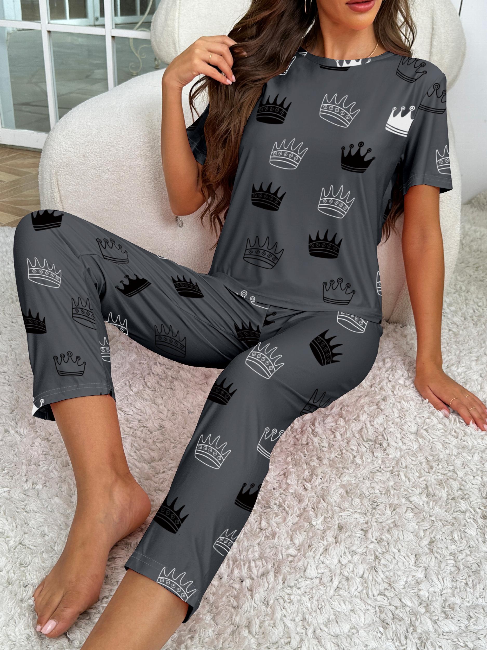 Crown Print Pajama Set Short Sleeve Crew Neck Top & Elastic Waistband Pants