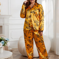 Silk Satin Floral Pajama Set with Lace Trim Long Sleeve Button Up