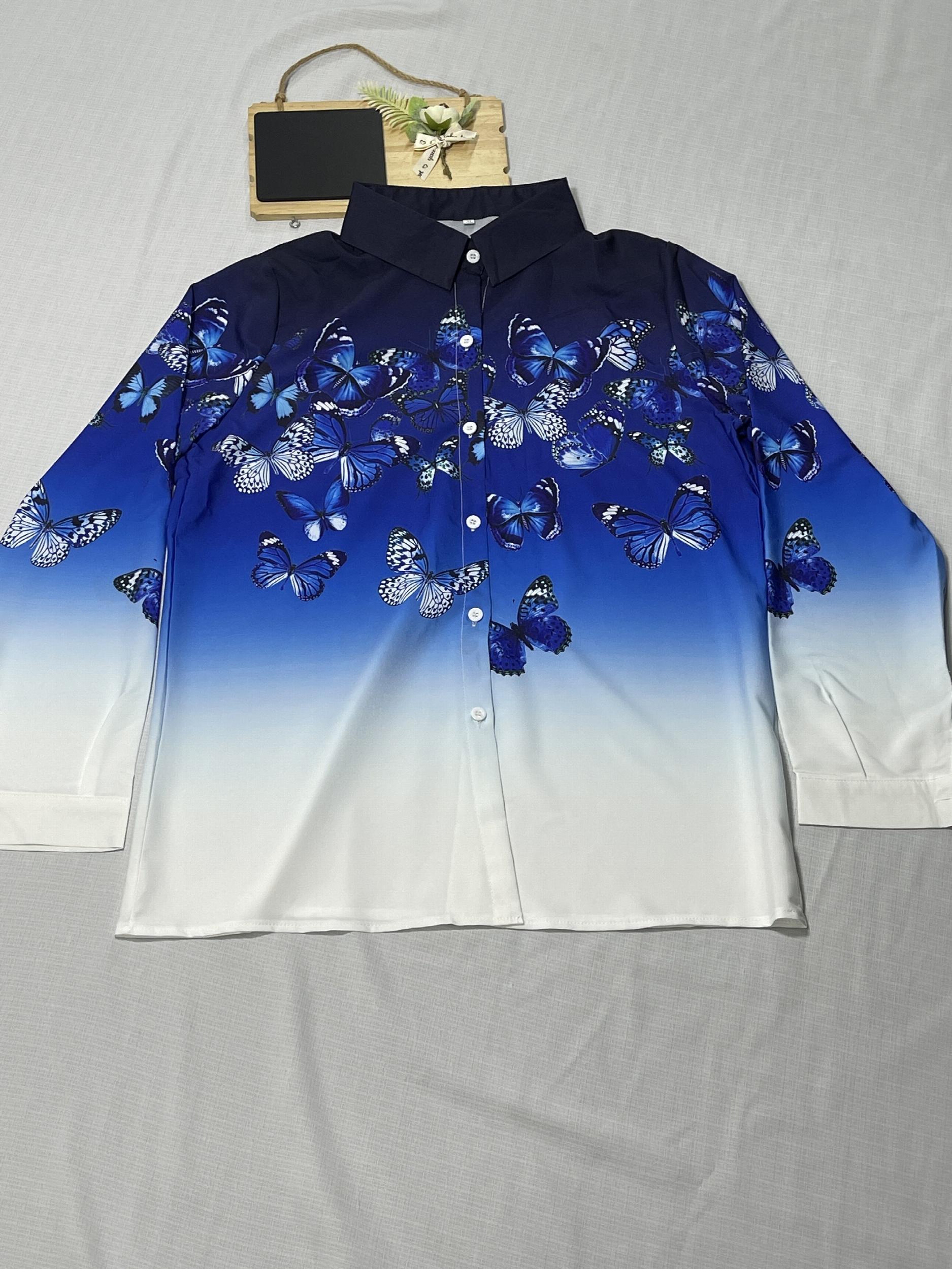 Butterfly & Ombre Print Long Sleeve Button Up Blouse