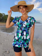 V Neck Tankini Set Peplum Boxer Short Bottom Swimsuit