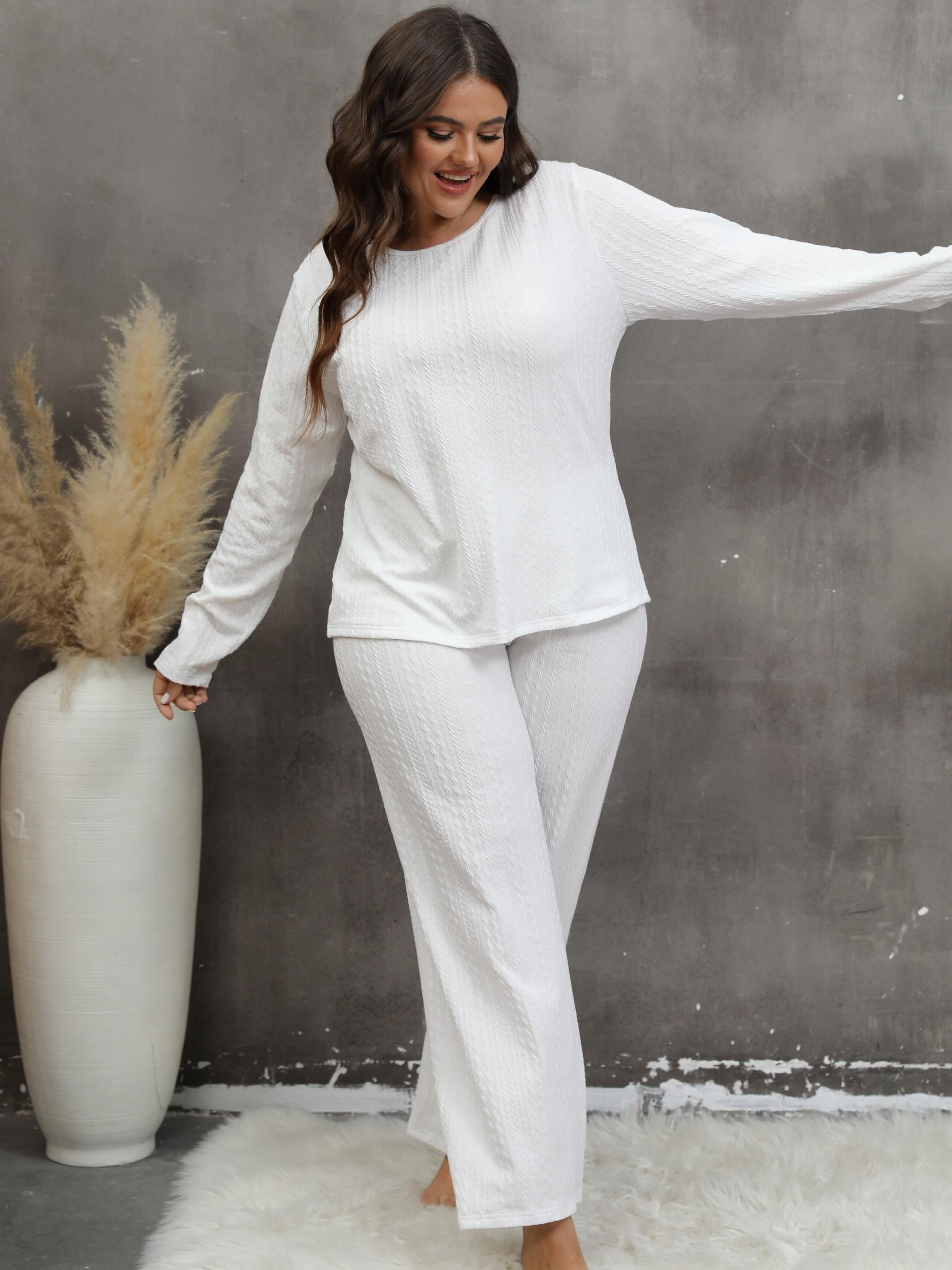 Solid Textured Pajama Set Long Sleeve Top & Pants Two Piece Lounge Set