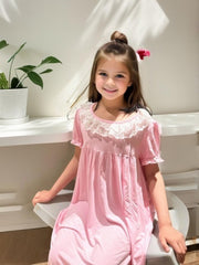 Girls Puff Sleeve Nightdress Lace Round Neck Dress Pajamas
