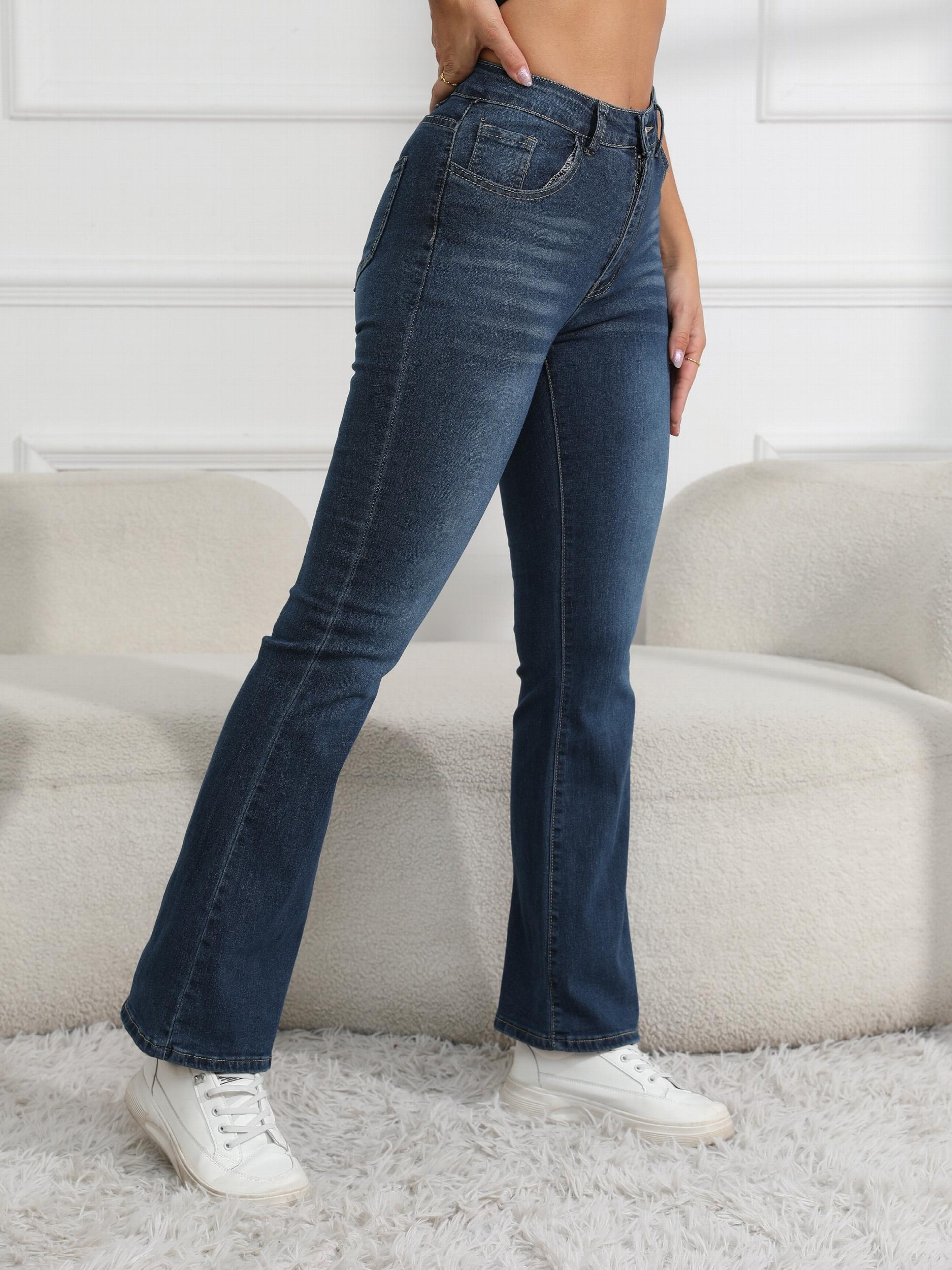 Dark Flared Jeans Bell Bottom Slash Pockets Wide Legs Denim Pants
