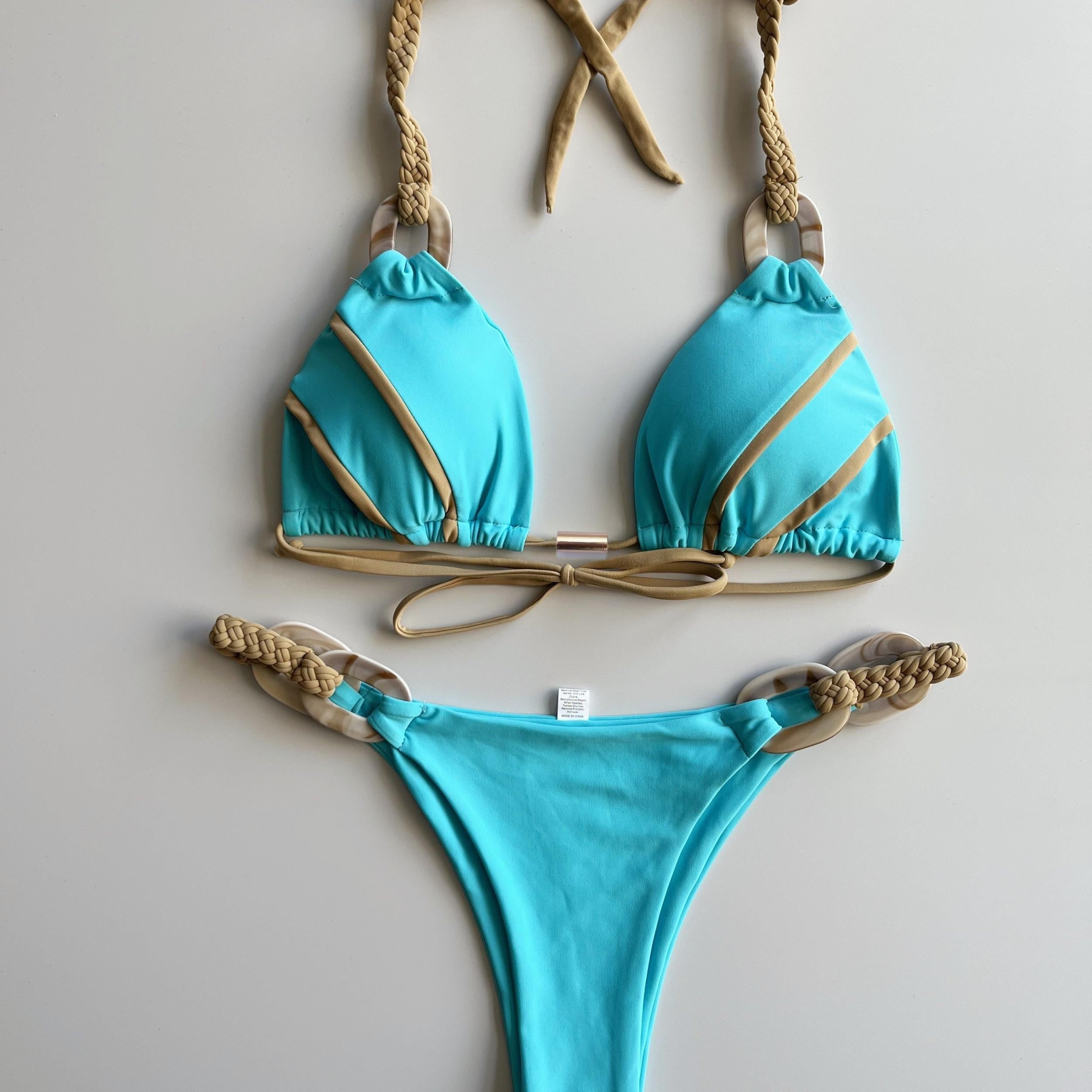 Triangle Bikini Set Halter Neck Ring Weaving Straps Backless High Cut 2 Pieces