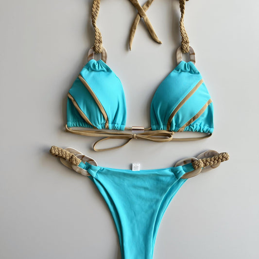 Triangle Bikini Set Halter Neck Ring Weaving Straps Backless High Cut 2 Pieces