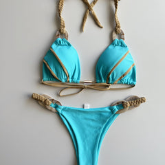 Triangle Bikini Set Halter Neck Ring Weaving Straps Backless High Cut 2 Pieces