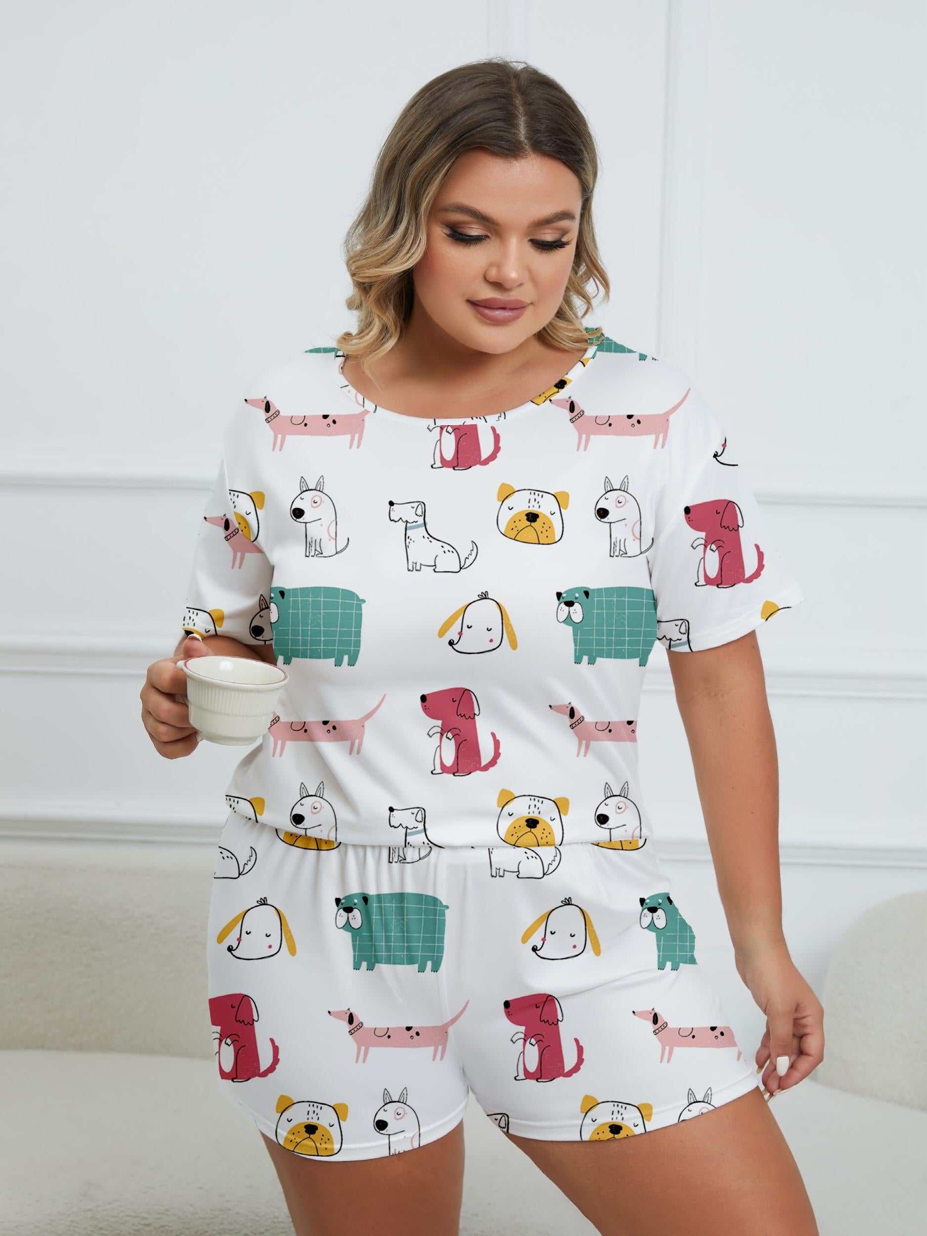 Dog Print Tee & Shorts Set Women's Pajama 2 Piece