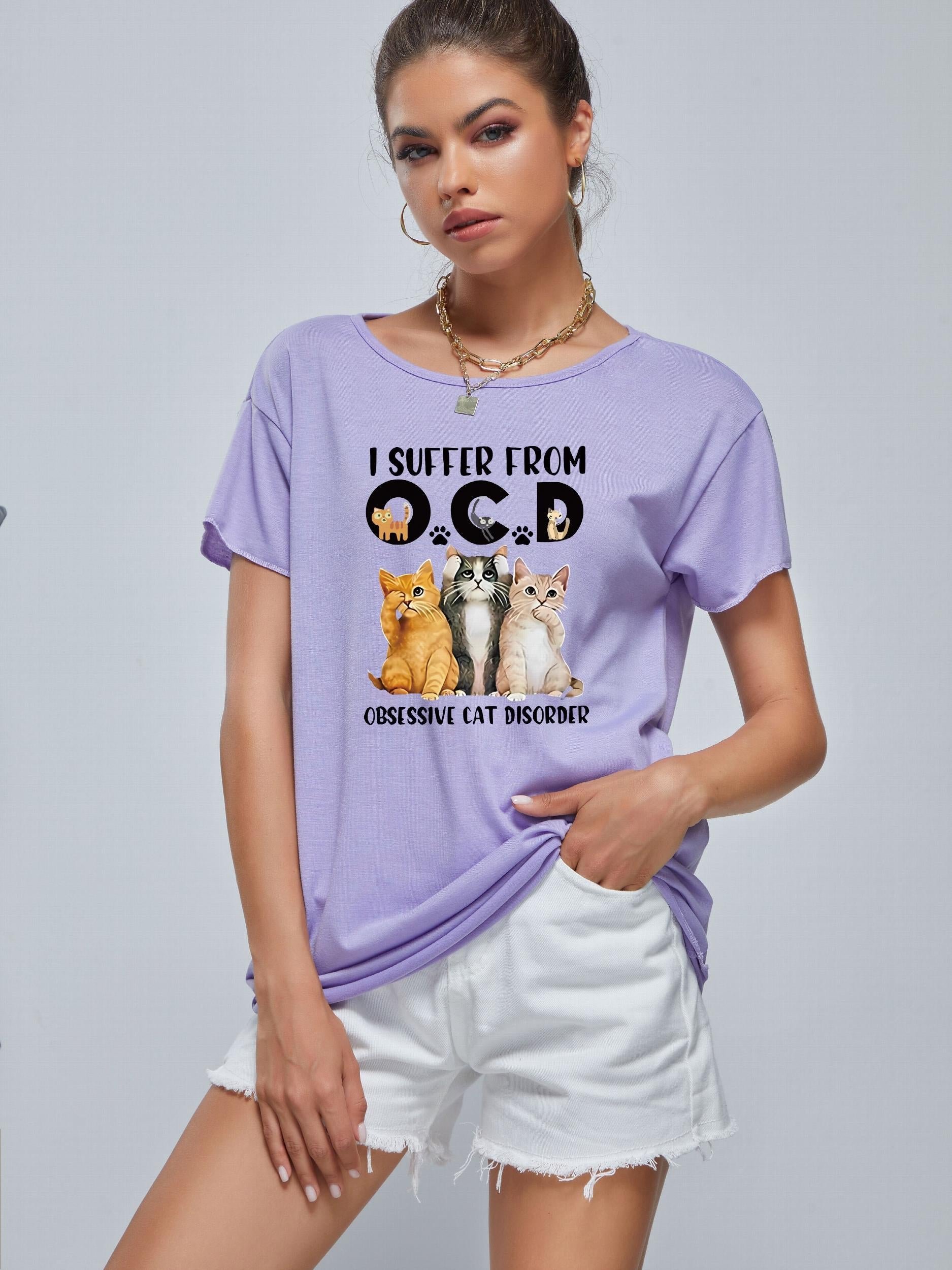 Cat Graphic Casual Tee Round Neck Summer Top Women's Shirts
