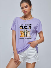 Cat Graphic Casual Tee Round Neck Summer Top Women's Shirts