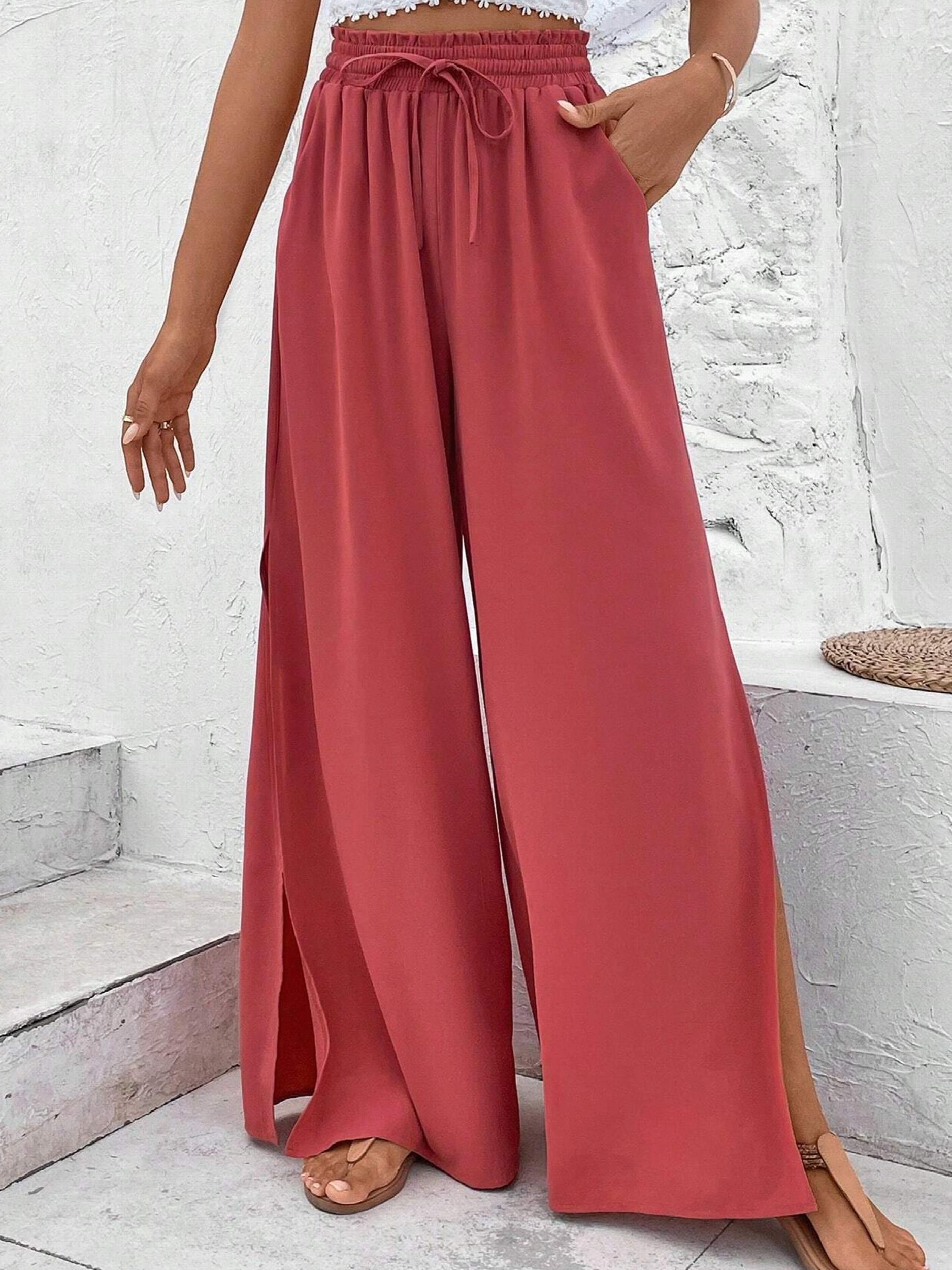 Solid Slit Wide Leg Pants Casual Drawstring Elastic Waist