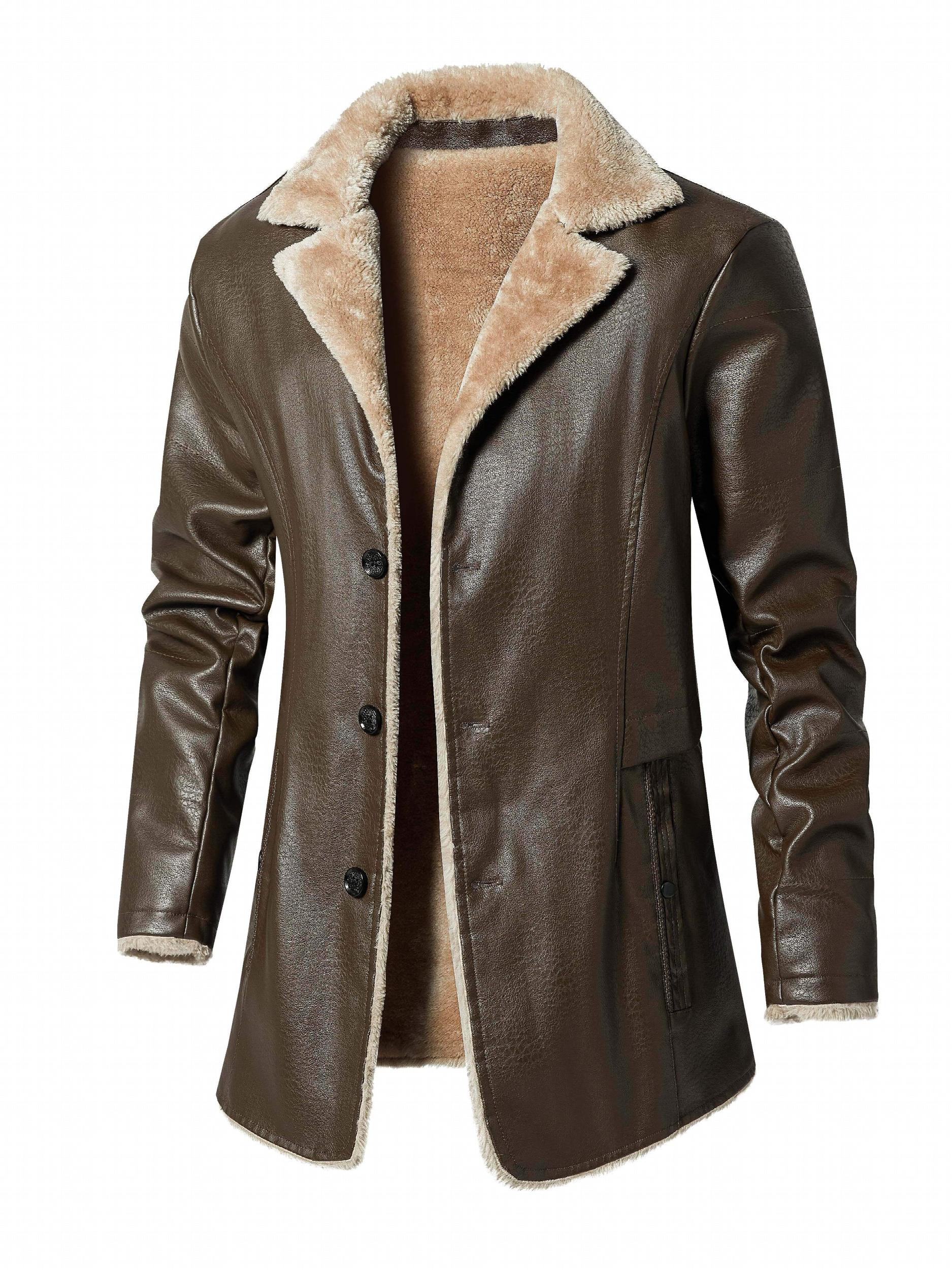 Men's Warm Fleece PU Jacket Button Up Lapel Faux Leather Overcoat