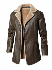 Men's Warm Fleece PU Jacket Button Up Lapel Faux Leather Overcoat