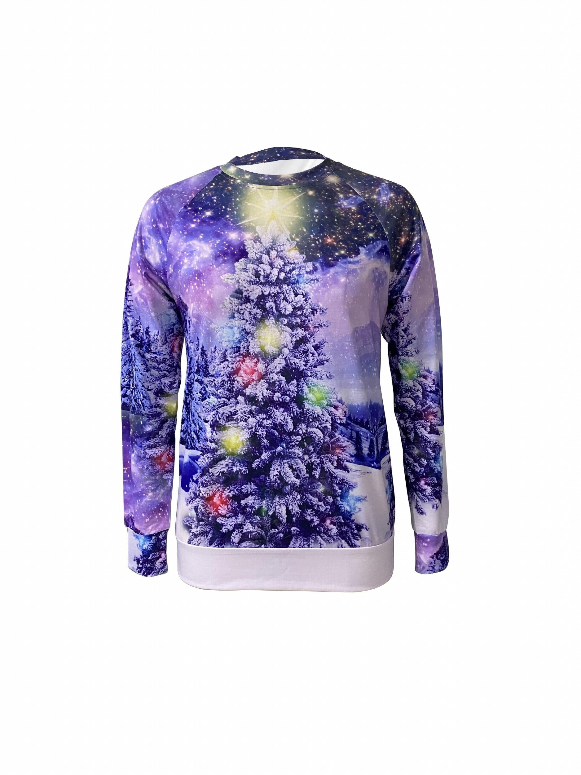 Christmas Tree Print Sweatshirt Crew Neck Long Sleeve Casual Pullover