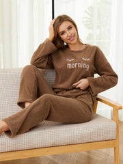 Letter Print Pajama Set Long Sleeve Crew Neck Top & Elastic Waistband Pants