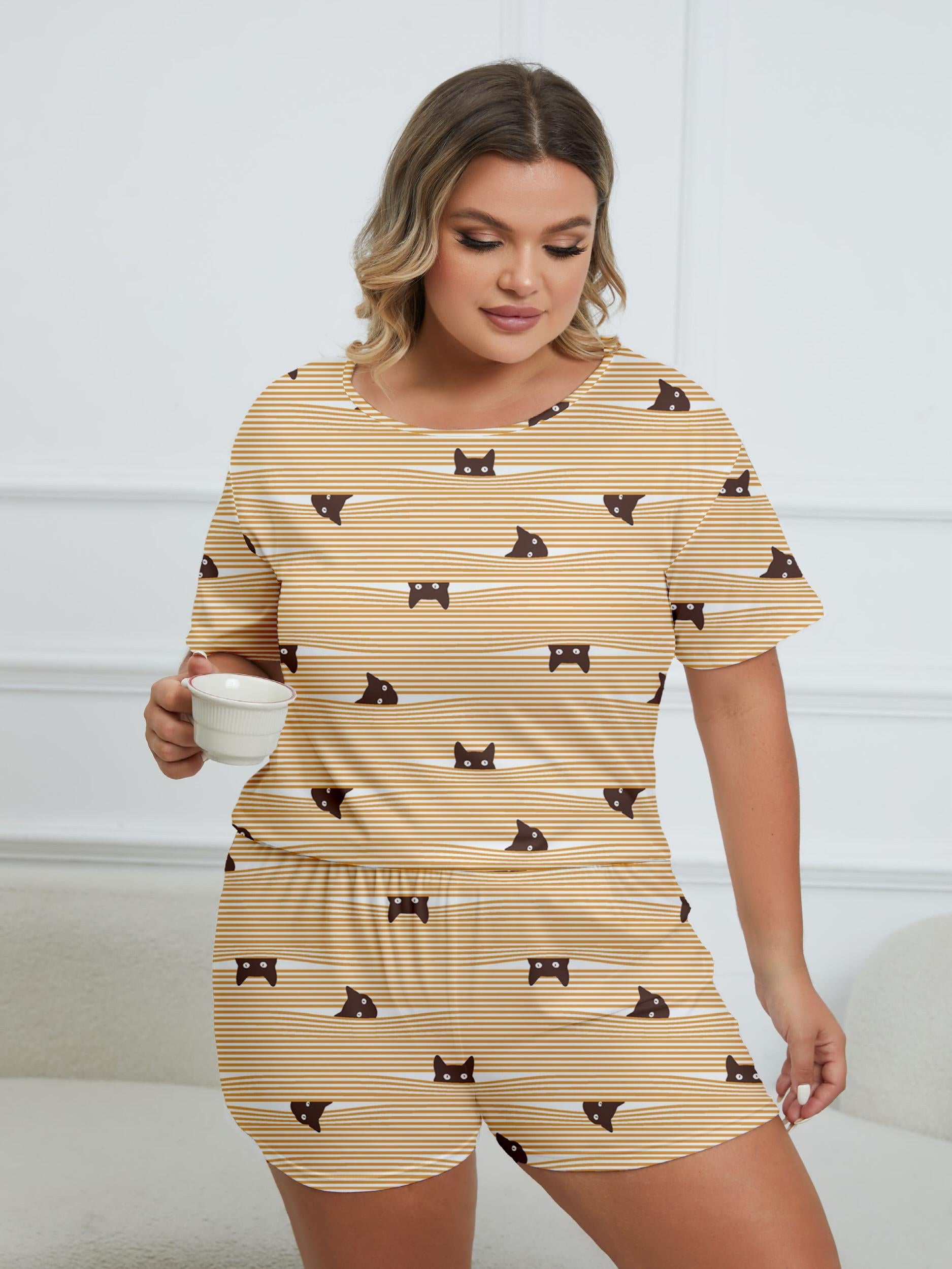 Cartoon Cat Stripe Print Pajama Set Women's Breathable Loungewear