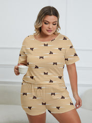 Cartoon Cat Stripe Print Pajama Set Women's Breathable Loungewear
