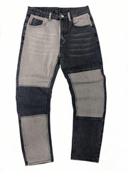 Men's Block Patchwork Pattern Jeans With Pockets