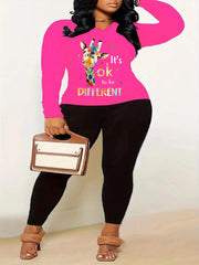 Women's Plus Size Slogan & Animal Print 2 Piece Set