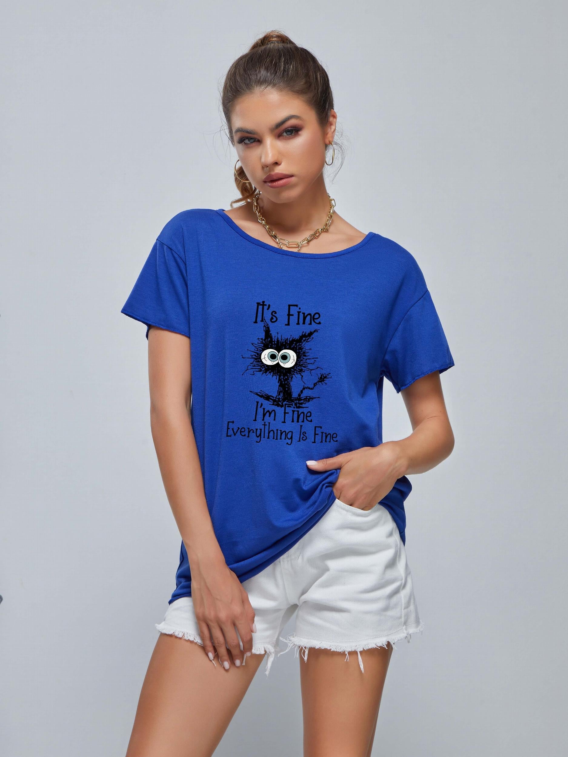 Cartoon Cat Print Short Sleeve T-shirt for Women