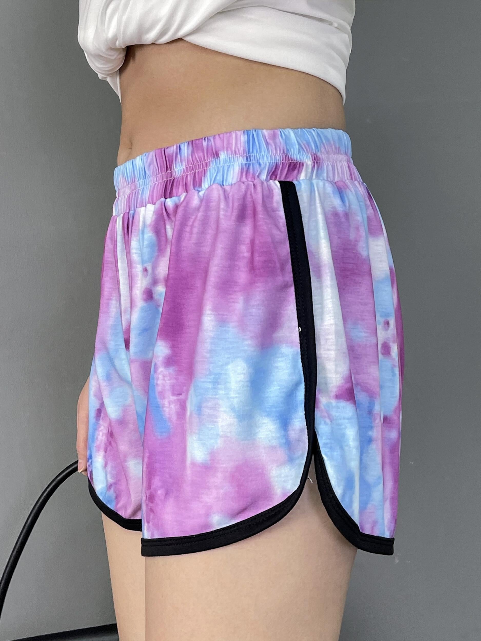 Tie Dye Contrast Trim Shorts Casual Sporty Elastic Waist Women's Clothing