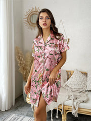 Floral Print Lapel NightDress Short Sleeve Pajama Dress Women's Sleepwear