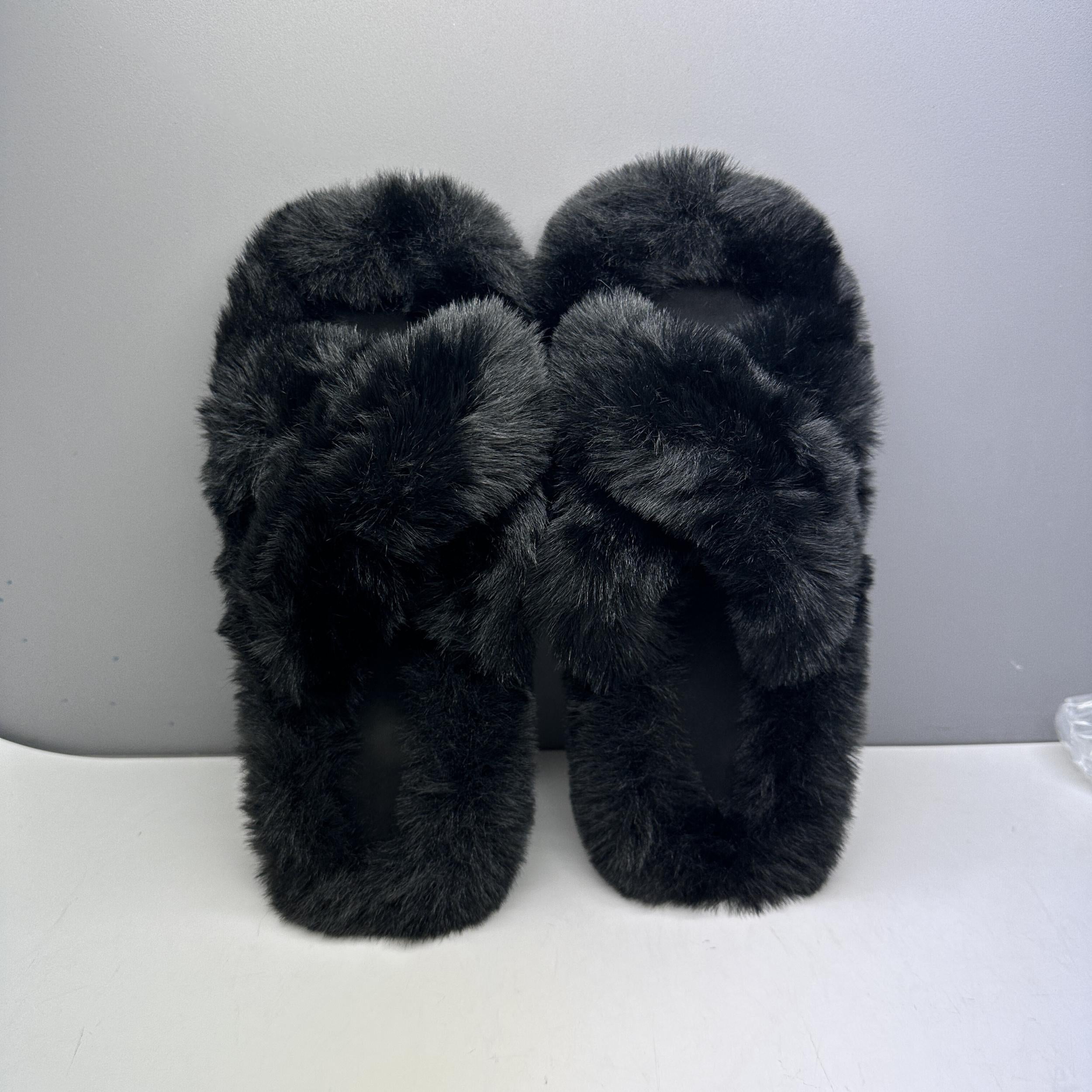 Women's Cross Straps Plush Slippers Open Toe Cozy Indoor Shoes