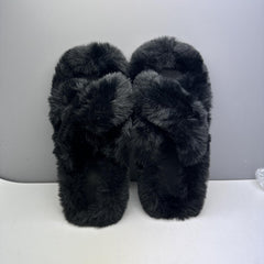 Women's Cross Straps Plush Slippers Open Toe Cozy Indoor Shoes